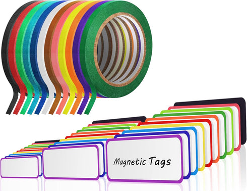 Fainne 12 Roll 1/8 Whiteboard Thin Tape with 54 Magnetic Dry Erase Label Name Tag for School Office Supplies