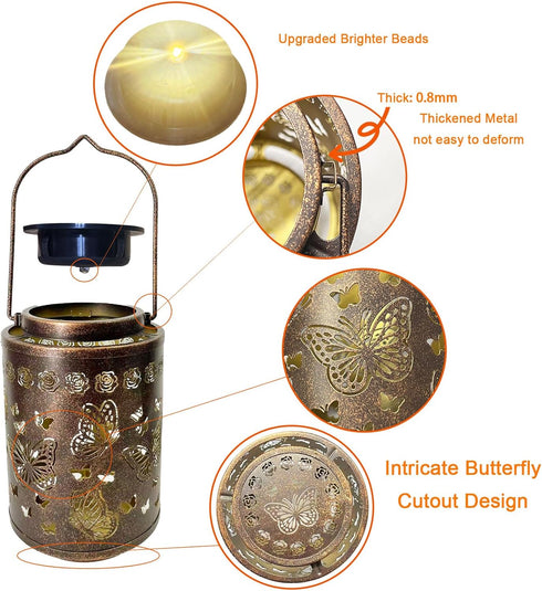 Outdoor Solar Butterfly Lantern Waterproof, Hanging Metal Garden Lantern with Warm Butterfly Projection, Decorative