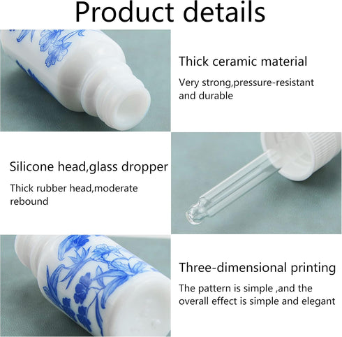 6 PCS Blue and White Porcelain Ceramic Dropper Bottles, 1oz (30ml) for Perfume, Aromatherapy, Essential Oils, Funnel
