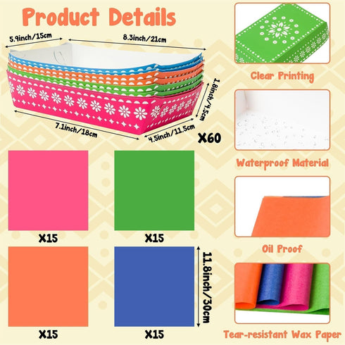 120P Mexican Taco Nights Food Trays - Mexican Wax Paper Deli Trays Nacho Popcorn Grease Proof Container Unassembled