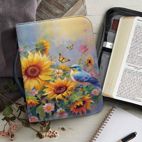 Sunflower Hummingbird Bible Cover Case, PU Leather Waterproof Protector with Handle, Large Size Tote Bag