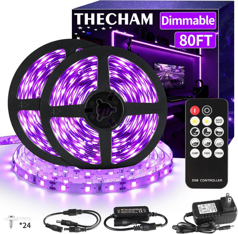 THECHAM 80ft Black Light Strip with Remote, 1440 LEDs, 12V Flexible Blacklights