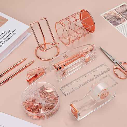 EOOUT Rose Gold Desk Accessories Set, Acrylic Stapler Set, Staple Remover, Phone Holder, Pen Holder