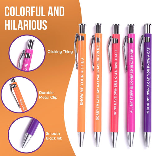 Funny Cat Pens - Snarky Office Gag Gifts for Pet Owners, Cat Lovers & Coworkers - Black Ballpoint Pens with Witty
