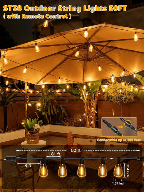 Dimmable 50 2 3 2200K 2 Bulbs Outdoor String Lights with Remote, FT Outdoor Lights with Timer and Modes, Waterproof