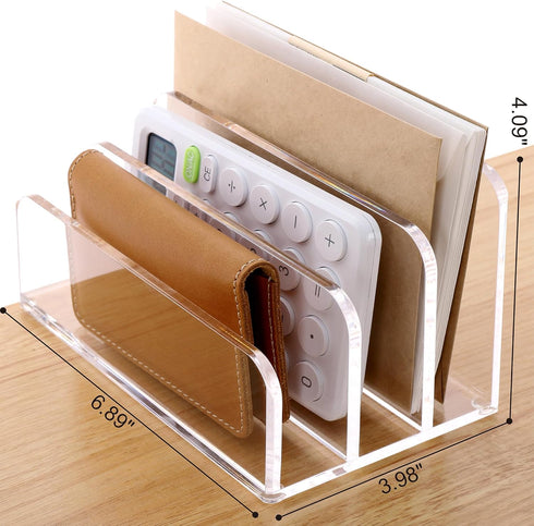 SANRUI Acrylic Mail File Organizer Sorters for Desk, 3 Upright Compartments Laddered Clear Desktop Vertical Letter Holder, Multifunction Envelope Folder Racks Holders for Office,Home, School by SANRUI