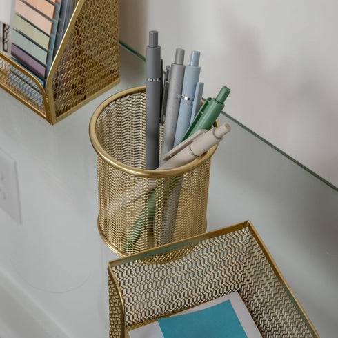 Martha Stewart Ryder Gold Mesh Metal 6 Piece Set, Desktop Organizers and Accessories for Files, Magazines, Pens, Sticky