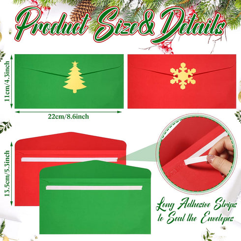 Christmas Envelopes with Green and Red Design, 200 Pcs Self Adhesive Greeting Card Pockets for Holiday Letters