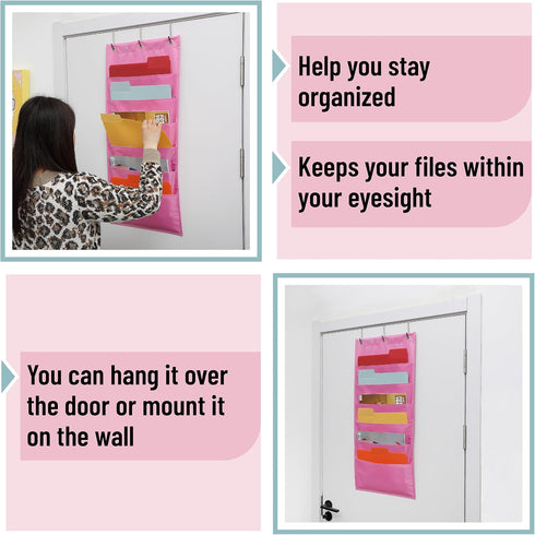 Mr. Pen Hanging Wall File Organizer, 6 Pocket Pink with 3 Overdoor Hangers Included