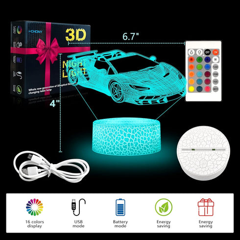 3D 16 Dimmable i-CHONY Sport Car Night Light,Race Car Optical Illusion Lamp,with Remote & Smart Touch Colors Bedroom