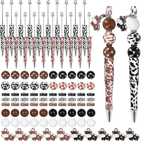 Whaline 110Pcs Cow Beadable Pens, Black and Brown Cow Print DIY Pens with Beads