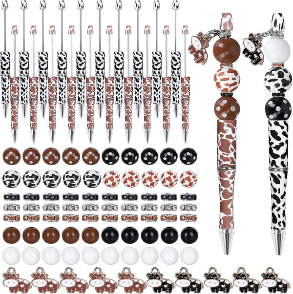Whaline 110Pcs Cow Beadable Pens, Black and Brown Cow Print DIY Pens with Beads