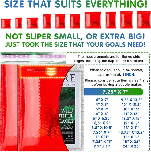 Red Metallic Bubble Mailers, 7.25 x 7 Inches, 25 Pack Waterproof Padded Shipping Envelopes