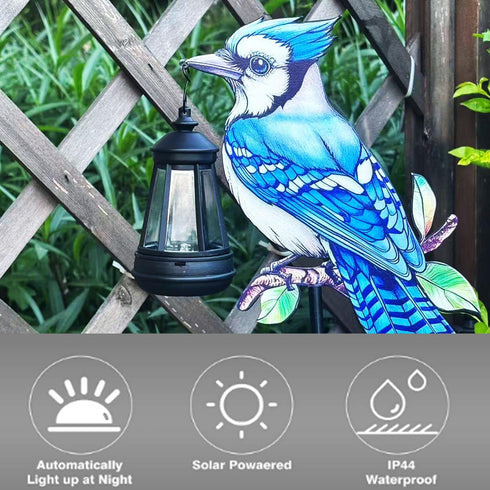2 Pack Solar Lanterns Outdoor Decor Solar Bule Jay Lanterns Solar Cardinal Redbird Lights Metal Stake Yard Garden Decor
