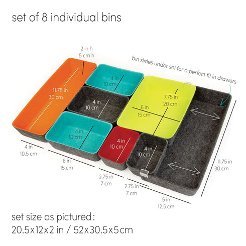 Three by Three Seattle Felt·Like·It! Felt Bins - Set of 8 Multicolor Expandable Sliding Bin for Office, Crafts,