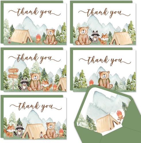 FYSUIMU 50 Packs Camping Animal Thank You Cards Watercolor Camp Tent Campfire