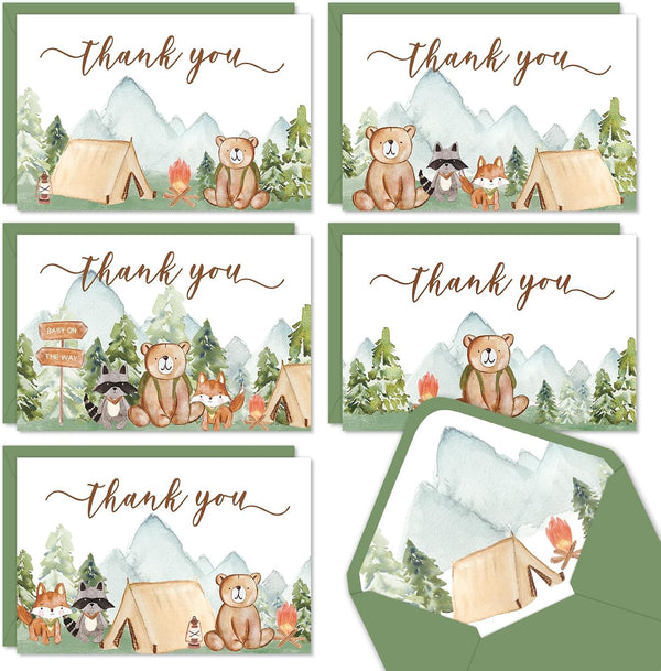 FYSUIMU 50 Packs Camping Animal Thank You Cards Watercolor Camp Tent Campfire