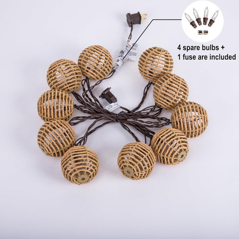 TWINKVILLA 10 Bulbs, Decorative String Lights Plug in with Incandescent Natural Rattan Globe Boho Lantern String Lights