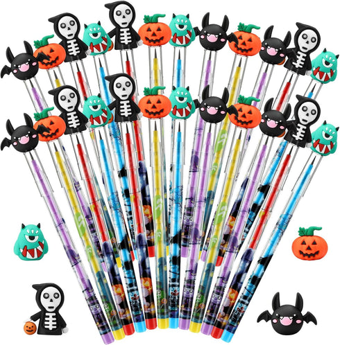 Qilery 24 Pcs Halloween Pencils Bulk, Stackable Pencils with Top Eraser for Kids Halloween Party Supplies