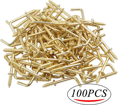 Jdesun Metal Screw in Hooks, 100pcs 3/4 Inch Right Angle Self-Tapping Hooks for Hanging, Gold