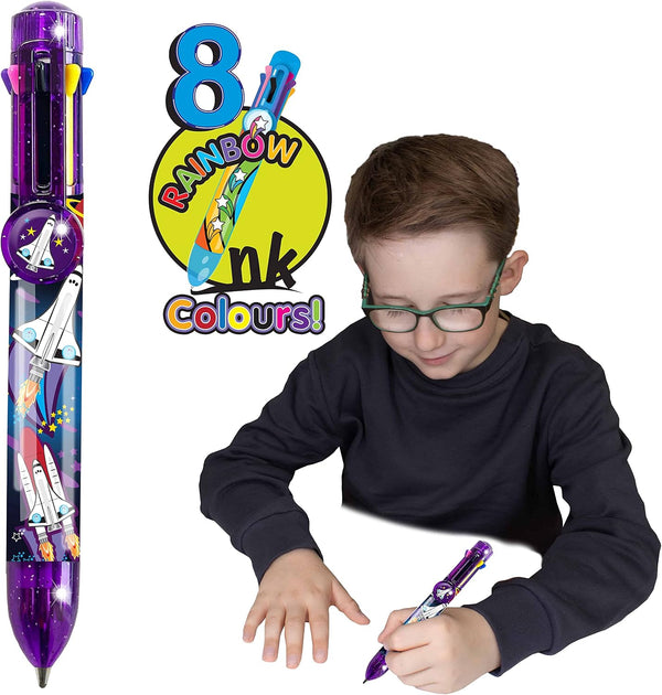 Space Pen by Deluxebase. Multicolored 8-in-1 Retractable Novelty Ballpoint Pen with Cute