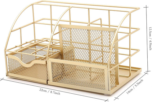 Exerz Desk Organizer Golden Office Desk Accessories Supplies Office Storage Desktop Pencil Pen Holder with Drawer Home Workspace by Exerz