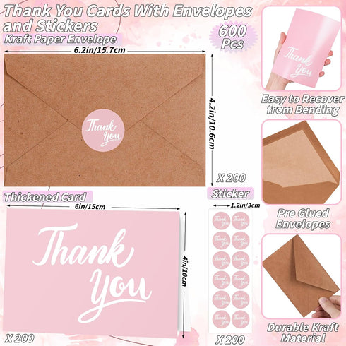 600 4x6 Inch Set Pcs Pink Thank You Cards Bulk with Kraft Envelopes and Stickers Blank Thank You Notes Box Minimalistic