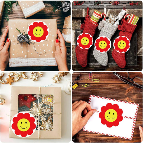 Yellow Face Stickers 2 Inch Red Flower Happy Face Sticker, 500 Round Happy Labels for Teacher Rewards