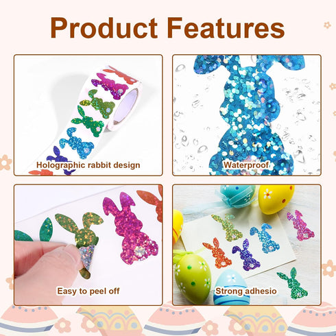 Fukaisu 500pcs 1.1x1.5in 6 Glitter Easter Egg Bunny Stickers, Holographic Rabbit Sticker Roll Colors Envelope Seals