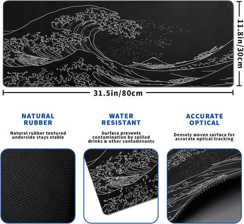 Japanese Gaming Mouse Pad Abstract Black Mouse Pad 31.5x11.8 Inch Black Sea Wave Texture Non-Slip Rubber Base Large Ocean Mousepad Stitched Edges Keyboard Mouse Mat Desk Pad for Office and Home by Hahaluo