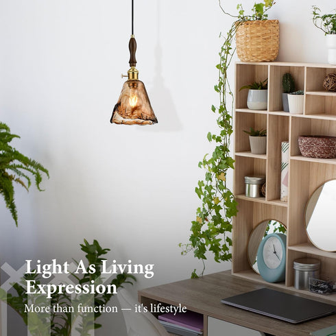 6"x11.5" 15"-72" E26 Modern Amber Glass Pendant Light, Floral Bell-Shaped Hanging Light with Wood Handle & Brass Cap