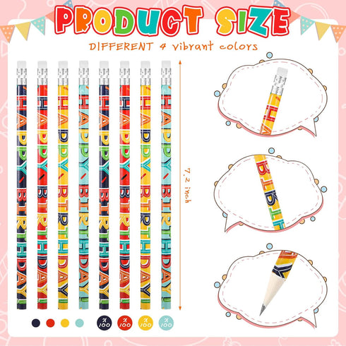 Kosiz Happy Birthday Pencils, Colorful Printed Birthday Pencils with Top Erasers, Perfect for Teachers and Kids Gifts