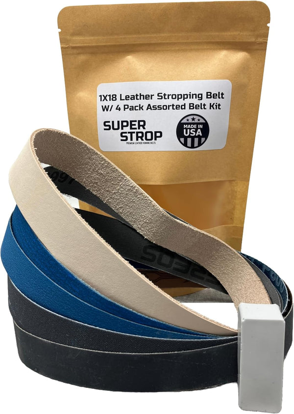 18 Inch Assorted Sharpening Belt Kit with Super Strop Leather Honing Strop Belt, 1 X