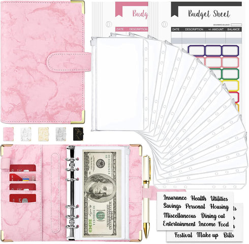 Onlyesh Budget Binder, 28Pcs Cash Envelopes for Budgeting, Marble 6-Ring Money Saving Binder (Pink)