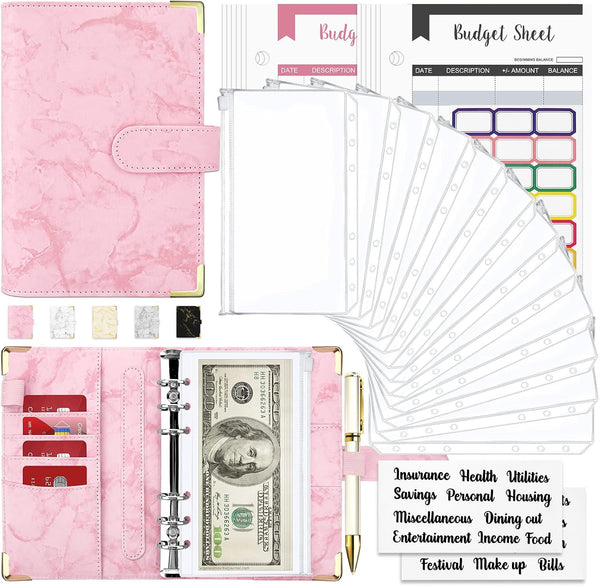 Onlyesh Budget Binder, 28Pcs Cash Envelopes for Budgeting, Marble 6-Ring Money Saving Binder (Pink)