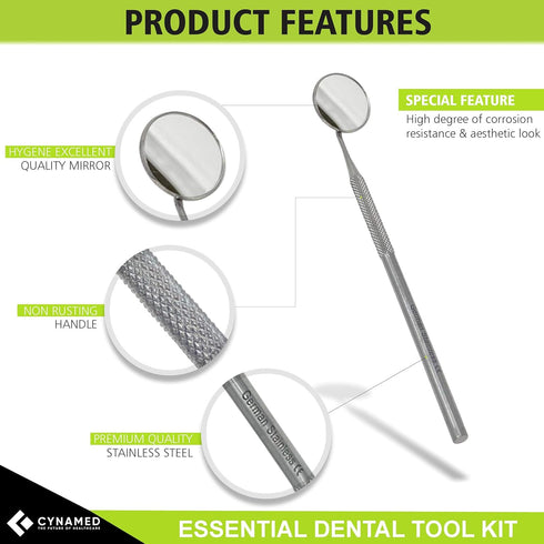 Cynamed Premium Stainless Steel Dental Tool Kit, Oral Care Hygiene Pick, Tartar Scaler, Tweezers & Mouth Mirror