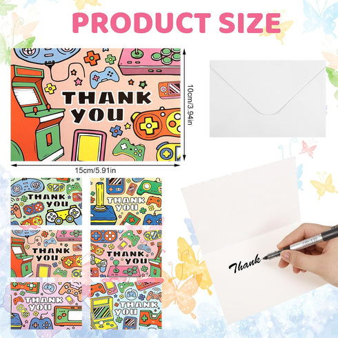 JOELELI 24 Pack Pack Video Game Kids Thank You Cards with Envelope, Funky Gaming Bulk Thank You Notes Small Cute Blank