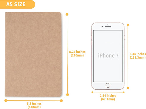 TWONE 9 Packs Kraft Brown Soft Cover Notebook Journals, 5.5" x 8.25", Ruled 60 Pages/30 Sheets for Journal, Sketchbook