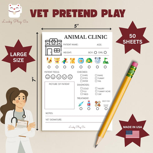 Lucky Play Co. 5x7 50 Veterinarian Play Notepad for Kids Pretend Vet Animal Clinic Imaginative Role-Play Playtime Pad