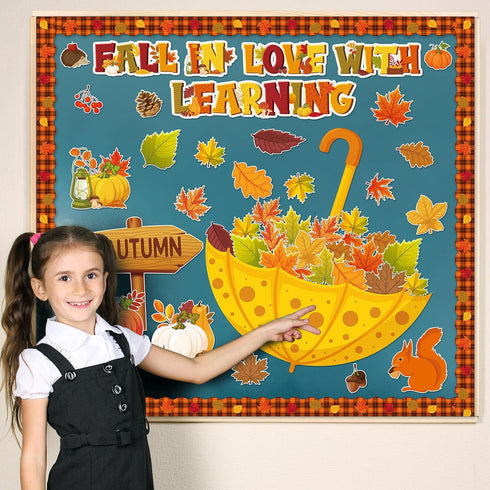 Qilery Fall in Love with Learning Bulletin Board Set, Autumn Maple Leaves Pumpkin Cutouts for Classroom Thanksgiving