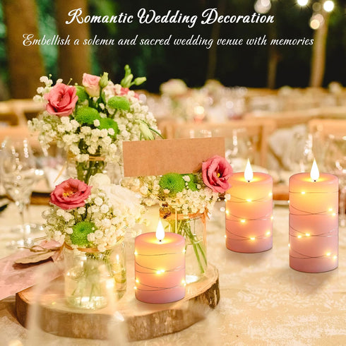3 Pack-Pink Da by Flameless Candles with String LightsBattery Operated Candles,LED Flickering Candles with Remote