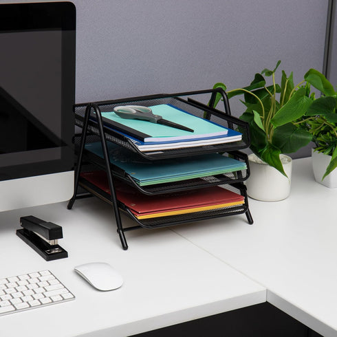 Mind Reader 3-Tier Paper Tray, Desktop Organizer, File Storage, Workspace, Office, Metal Mesh, 11.5"L x 13.75"W x 10"H, Black by Mind Reader