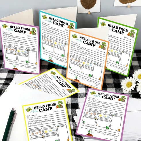 wootile 18 Sets Summer Camp Greeting Cards for Campers How's Camp Notes Adventure Flat Cards for Travel Fill in The