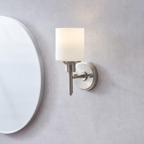 1-Light Dimmable, 556183 Design House Aubrey Wall Sconce, Satin Nickel Finish, Frosted Glass Shade, for Hallway, Foyer