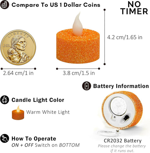 Pack 12, 1.5(W) 1.65(H), FURORA LIGHTING Orange Glitter LED Tealight Candles of Flameless Flickering Tealight Candles