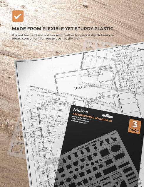 Nicpro Architectural Drafting Tools, 3 PCS Templates for House Plan Furniture, Interior Design CAD Drawing