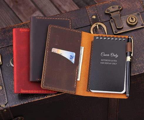 Robrasim Top Bound 3"x5" Memo Notebook Covers, Genuine Leather Cover for 3x5 Top-Spiral Notebook, Note Pad Holder Cover