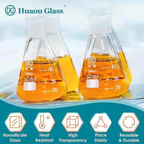 Scientific 150ml Erlenmeyer Conical Flasks Set - Graduated 3.3 Borosilicate Glass with Ground Glass Stoppers, Pack of 3