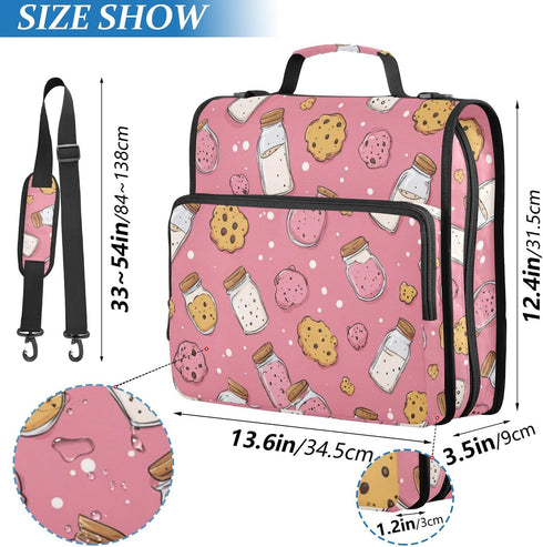 Fisyme 3 Cookies Milk Bottles Pinks Zipper Binder Ring with Zipper and Shoulder Strap Large Capacity Multi-Pocket
