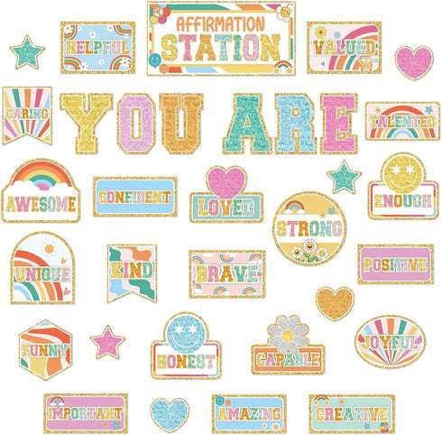 Hippie Affirmation Station Bulletin Board Set Groovy Classroom Decor with Rainbow Mental Health Posters and Accents
